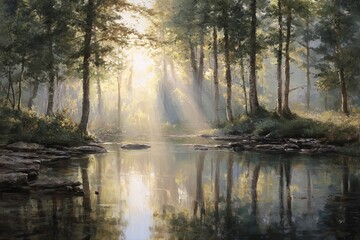 A calm autumn morning landscape with vibrant trees reflecting in the still blue water of a forest lake