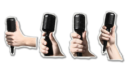 Set of hands holding classic retro microphones for broadcasting and interviews. Communication concept illustrations isolated on a transparent background..