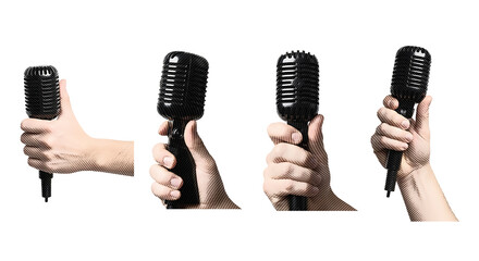 A collection of hands holding a retro microphone against a white background. Set for broadcasting, interviews, or podcasting concepts. illustrations isolated on a transparent background.