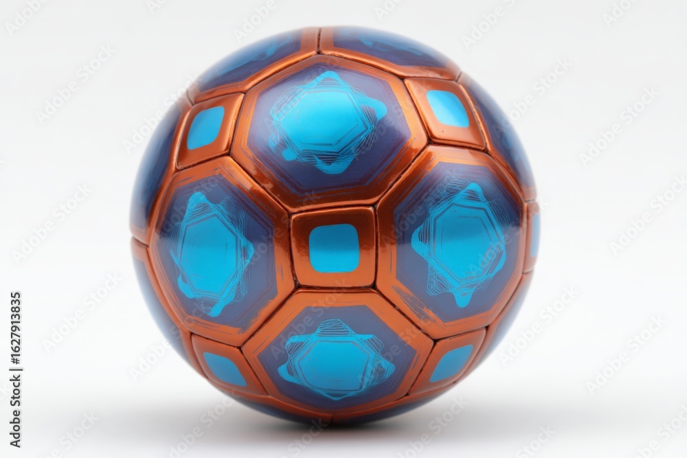 Poster unique soccer ball design featuring hexagonal patterns and vibrant colors displayed on a plain backg