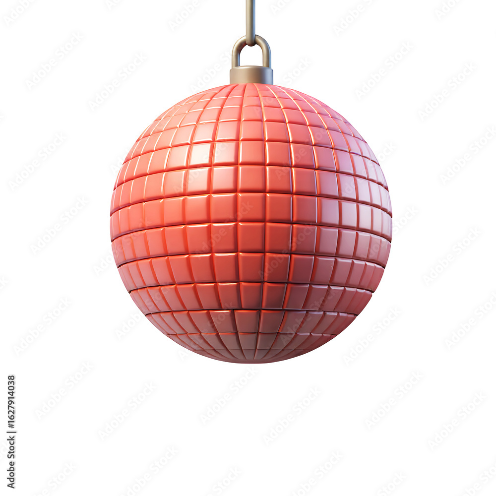 Poster a red disco ball with small square mirrors hanging from a chain against on transparent background