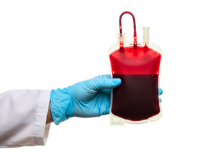 Hand in medical glove holding blood bag isolated on transparent background