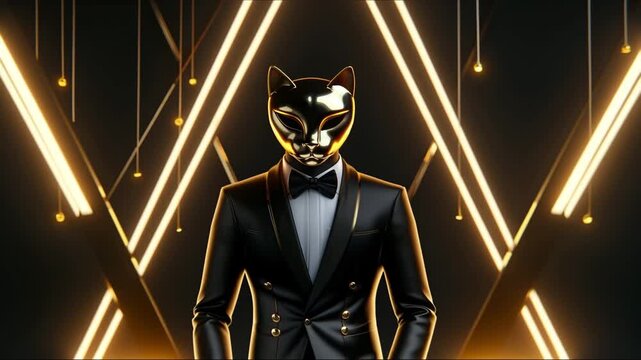 Man wearing a looking like a cat. Man in a suit and a golden cat mask