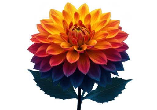 Colorful dahlia flower with gradient petals from yellow to purple, isolated on transparent background