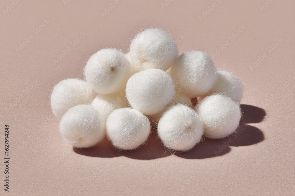 Poster white wool balls arranged in a neat pile on a soft surface with natural lighting creating gentle sha