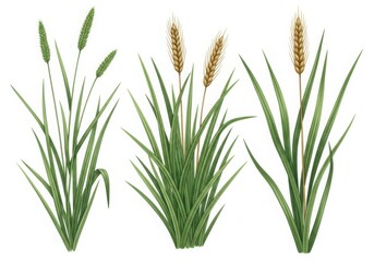 Obraz premium Botanical illustration of green grass and wheat plants isolated on white background