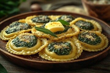 Fresh spinach and ricotta ravioli topped with flavorful Italian sauce
