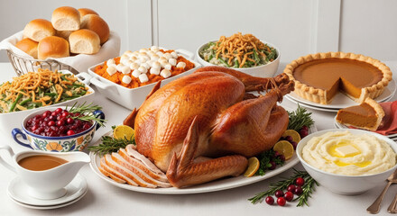 A traditional Thanksgiving dinner spread featuring a golden roasted turkey surrounded by classic side dishes like pumpkin pie, mashed potatoes, and green bean casserole.