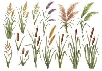Watercolor illustration of various grass and reed plants isolated on white background