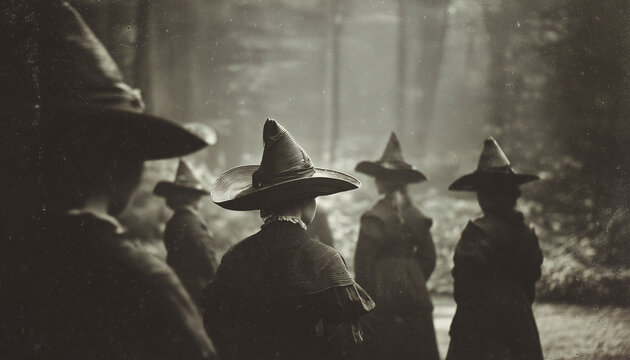 A coven of witches gathered in a shadowy forest clearing at night, performing an eerie occult ritual under moonlight; styled as a vintage 1800s daguerreotype with sepia tones and gothic atmosphere