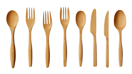 Set of eight bamboo utensils including spoons, forks, and knife in natural wood finish on transparent background