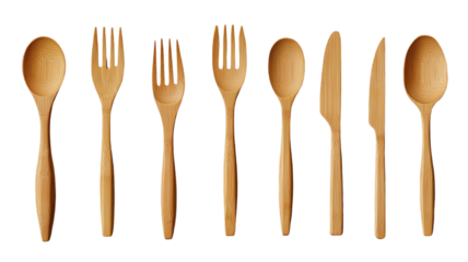 Set of eight bamboo utensils including spoons, forks, and knife in natural wood finish on transparent background