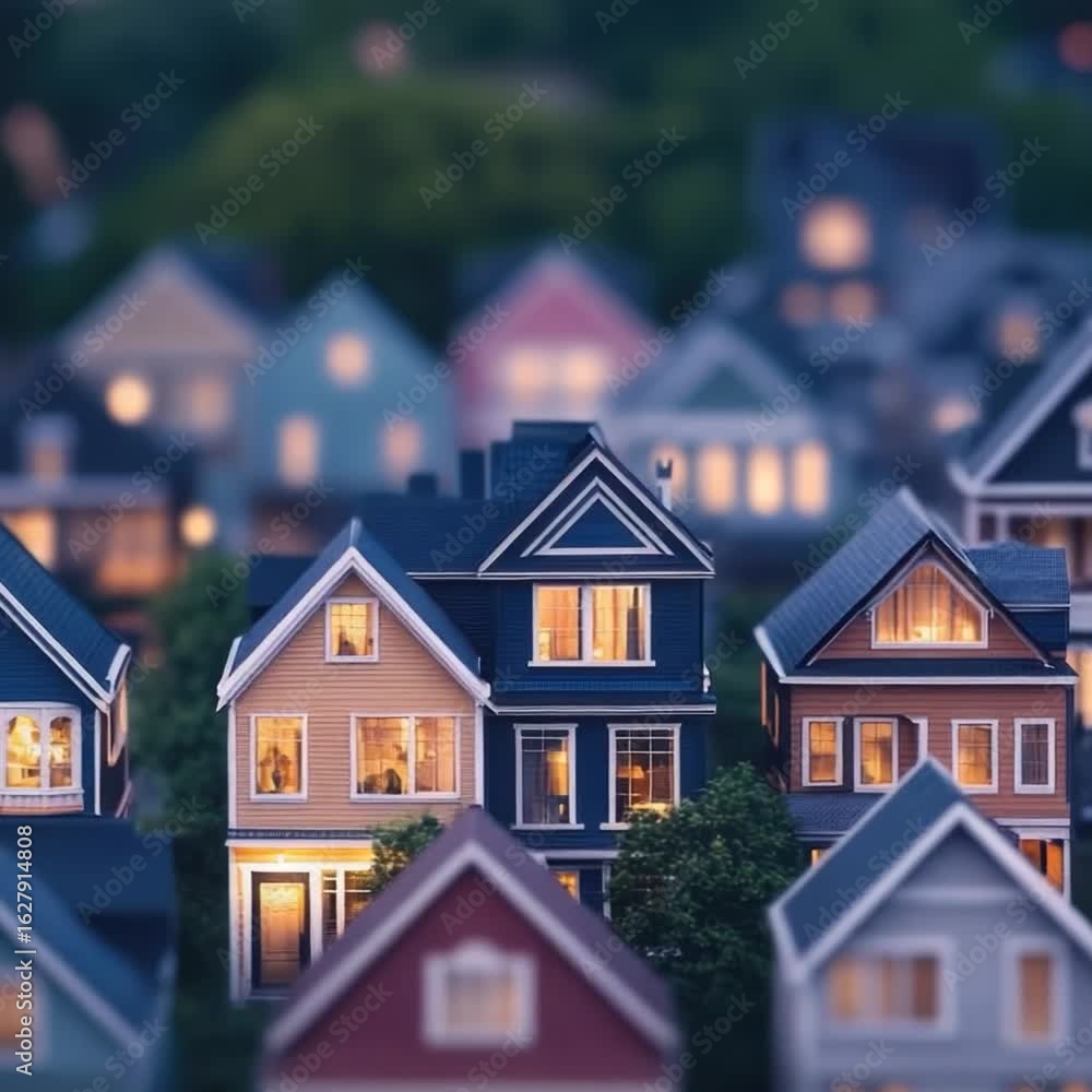 Poster a row of adjacent homes with unique features and architectural styles