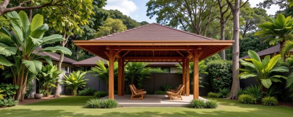 pavilion made with keruing hardwood tropical species known for structural strength and resistance to fungal attack widely used in wet and hot construction sites