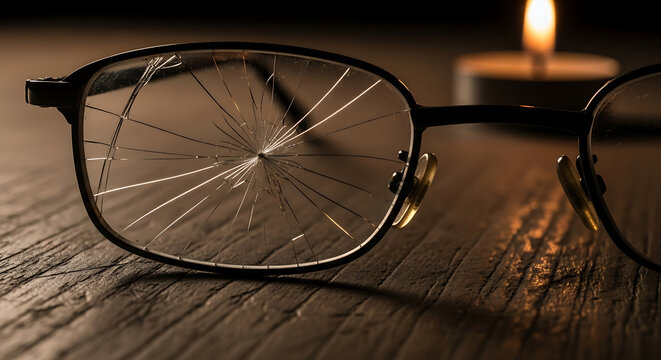 Close-up of broken glasses on a wooden table with a lit candle in the background, symbolizing Krishna janmashtami celebration with warm, golden tones.