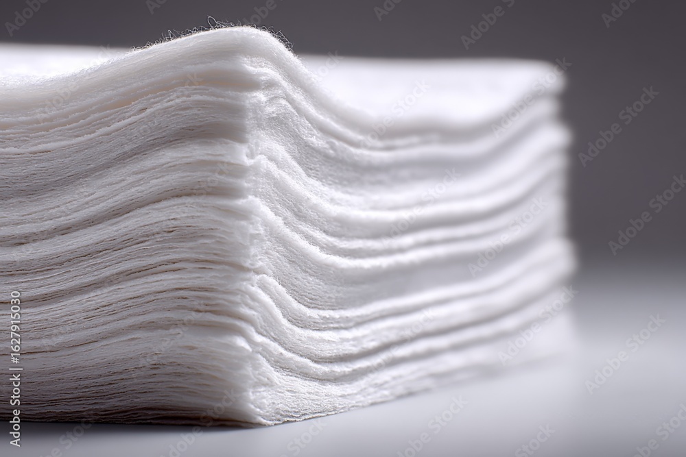 Poster white stack of disposable cotton pads arranged neatly on a table in soft lighting showcasing their t