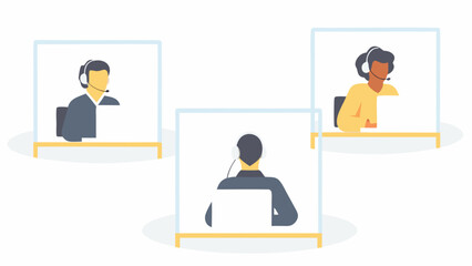 Three customer service representatives wearing headsets working at their desks in cubicles