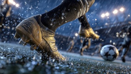 Close-up of soccer player's legs and cleats in the rain
