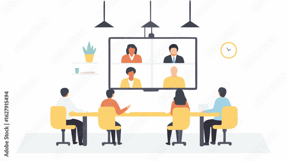 Poster people are having a video conference meeting around a table in a modern office setting view from beh