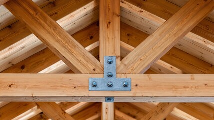 Close-up of natural wooden beams joined by metal plates and bolts forming a sturdy roof framework with visible craftsmanship and structural support