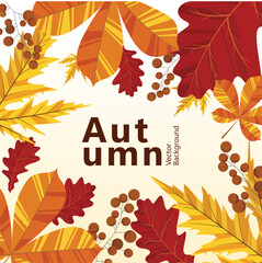 Autumn background with border of falling leaves on beige background with place for text. Design template for advertising, web, social media.Vector illustration.