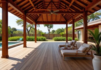 pavilion structure featuring teak flooring selected for resistance to moisture and sunlight oily wood grain prevents cracking and decay in humid climate
