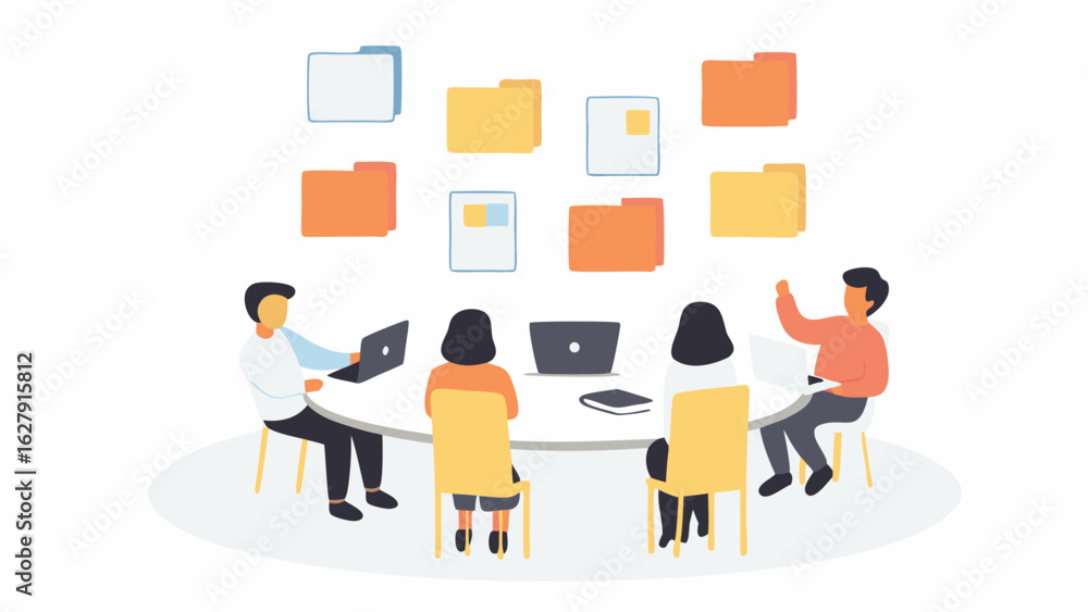 Poster people sitting at a round table with laptops and folders floating above them in a meeting setting