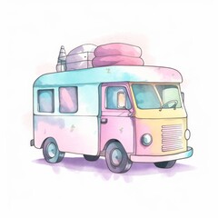 Colorful Vintage Ice Cream Truck in Watercolor Style Artwork