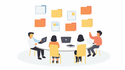 Obraz premium People sitting at a round table with laptops and folders floating above them in a meeting setting