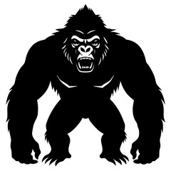 Fierce Gorilla Standing Tall with Open Mouth in Black Silhouette