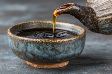 Fototapeta premium Elegant ceramic teapot pours rich golden liquid into a textured bowl on a dark surface, showcasing the art of tea preparation