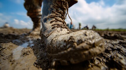 Close-up of a muddy rugged boot on wet earth with blurred figures in the background in an outdoor environment