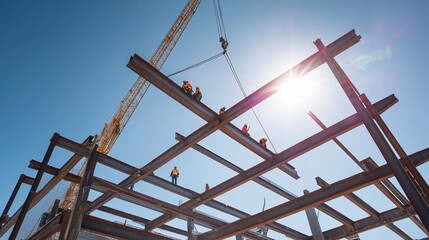 High-angle view of construction workers assembling steel framework under clear bright sky with crane lifting steel beam