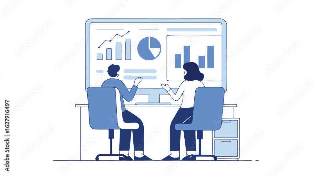 Aufkleber two people analyzing data on a computer screen with graphs and charts in a business setting office