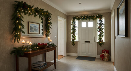 A festive entryway is decorated for Christmas with garlands, lights, and candles, creating a warm and inviting holiday atmosphere.
