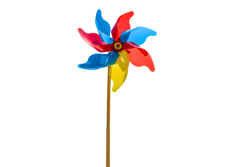 Colorful pinwheel toy with red blue and yellow petals isolated on transparent background