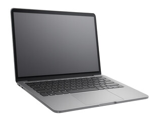 Sleek modern laptop with black screen and gray keyboard on transparent background.
