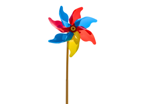 Colorful pinwheel toy with red blue and yellow petals isolated on transparent background