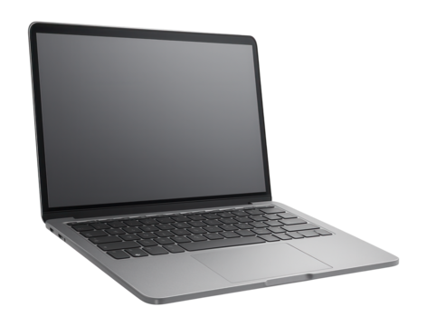 Sleek modern laptop with black screen and gray keyboard on transparent background.