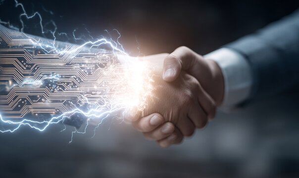 Stretta di mano tecnologica con scintille elettriche