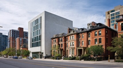 Fototapeta premium Urban street scene showcasing a blend of historic brick residences and modern minimalist skyscrapers under a partly cloudy sky with scattered greenery and parked cars