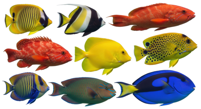 Ultra realistic UHD photo of diverse tropical fish: colorful butterflyfish, large reddish-orange grouper, bright yellow angelfish, deep blue tang surgeonfish, parrotfish, isolated full objects 3/4