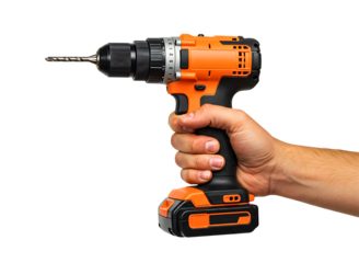 Hand holding a cordless electric drill isolated on transparent background