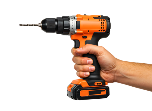 Hand holding a cordless electric drill isolated on transparent background