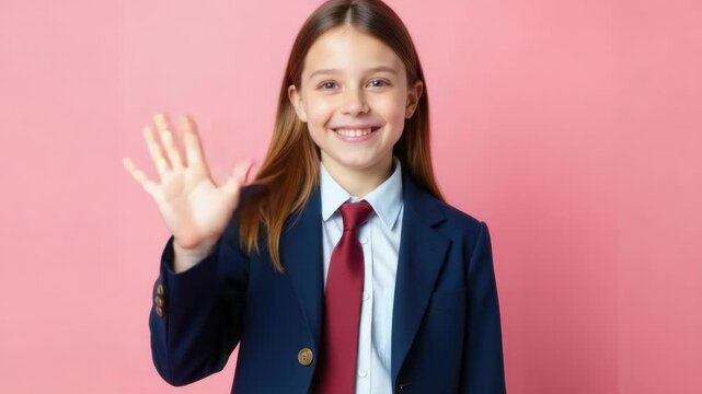 A young girl wearing a blue jacket and red tie, likely for a special occasion or event