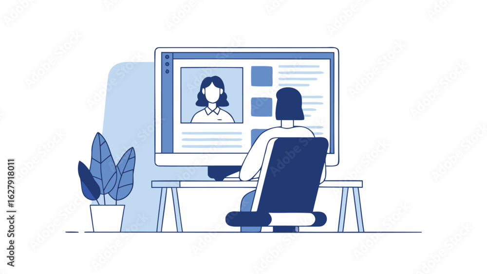 Poster person sitting at a desk in front of a computer with a video call and a plant on the side