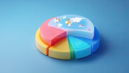 Colorful pie chart with world map section.  A 3D pie chart,  with vibrant,  pastel colors,  depicts world regions.  A world map section is visible inside.  Simple,  modern design