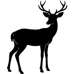 Elegant Deer with Antlers Standing in Profile Black Silhouette