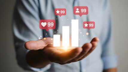 Visualize your social media success with growing engagement metrics and follower growth presented in a dynamic, glowing display held in a hand