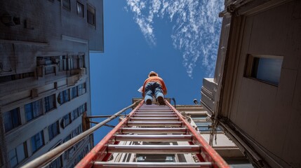 View from below of a tall ladder against multi-story buildings with a person climbing toward a clear sky with scattered clouds